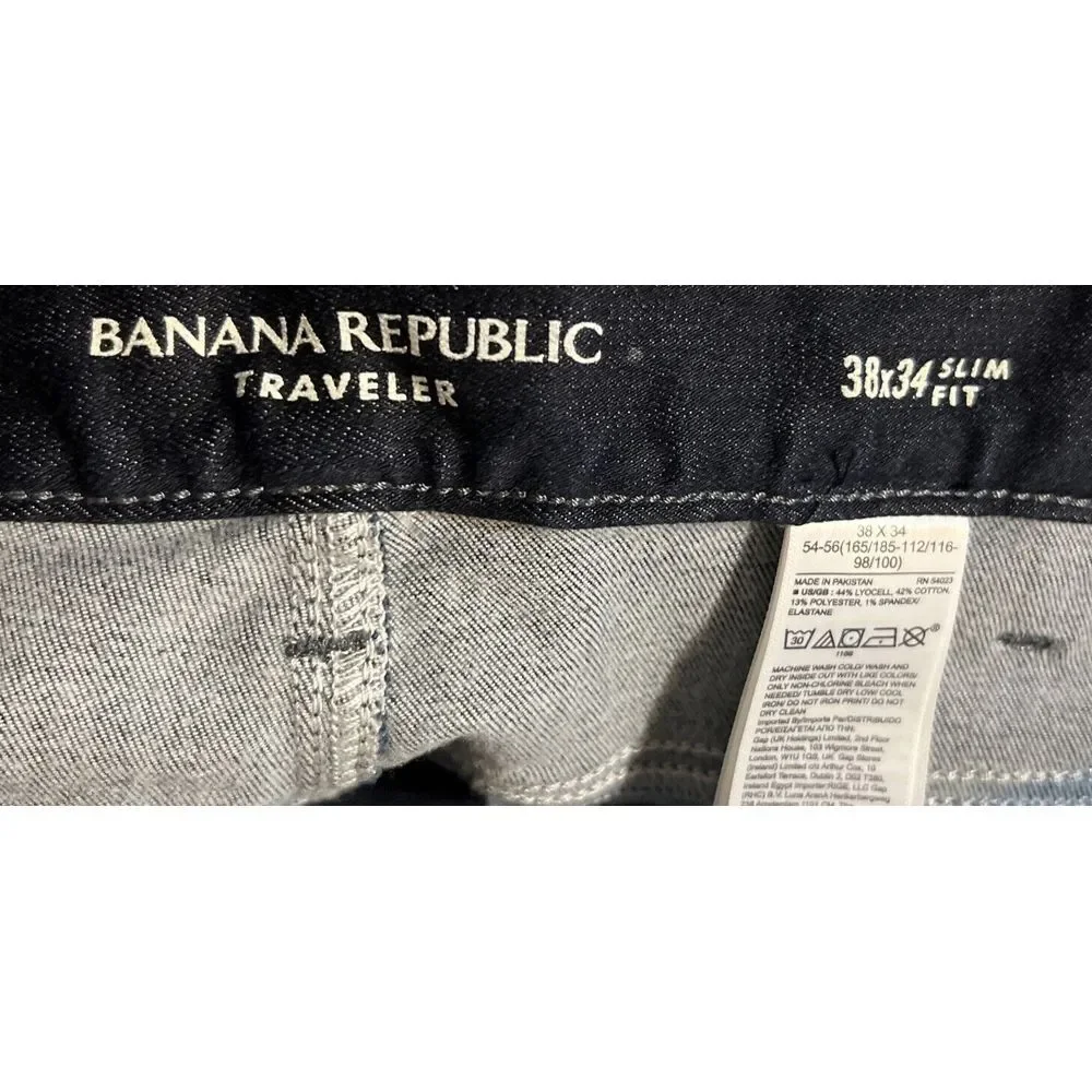 New $129 Banana Republic Traveler Jeans Men Slim Fit Dark Blue Denim 38x34 Tall‎